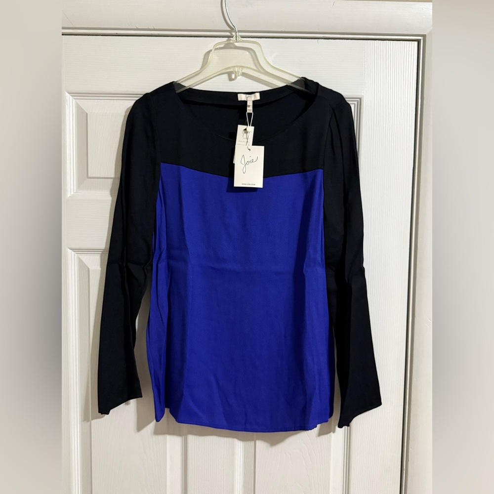Joie Black and Cobalt Blue Long Sleeve Colorblock Blouse